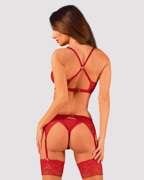 Комплект белья Obsessive Lacelove cupless 3-pcs set XS/S Red, бюстгальтер, стринги, пояс для чулок