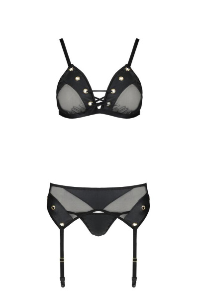 Комплект белья Passion NESSY SET XXL/XXXL black, бюстгальтер, пояс для чулок, стринги