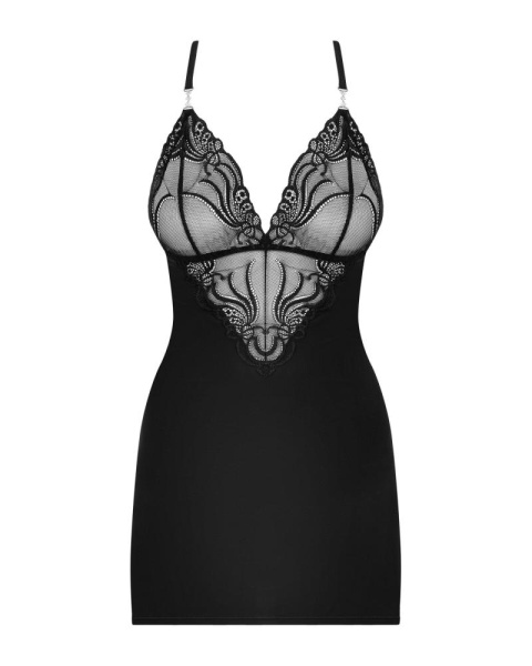 Сатиновый комплект для сна с кружевом Obsessive 828-CHE-1 chemise & thong L/XL, черный, сорочка