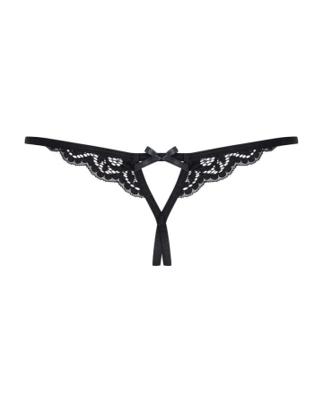 Кружевные танга с двумя отверстиями Obsessive 831-THC-1 crotchless thong L/XL, черные, бантики || 
