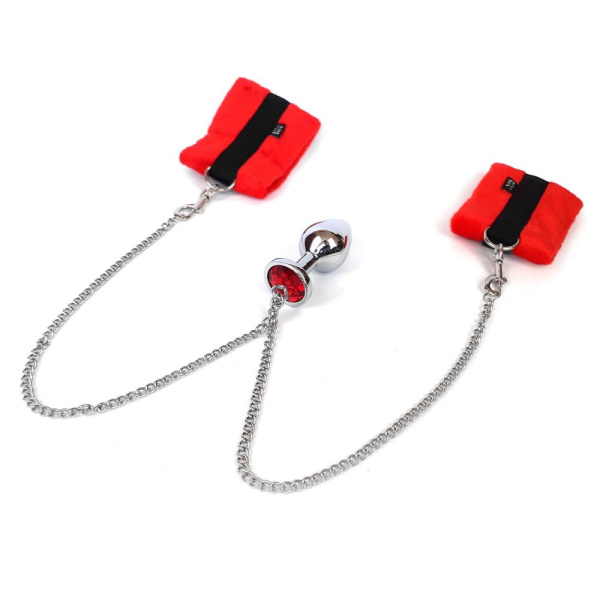 Наручники с металлической анальной пробкой Art of Sex Handcuffs with Metal Anal Plug  size M Red