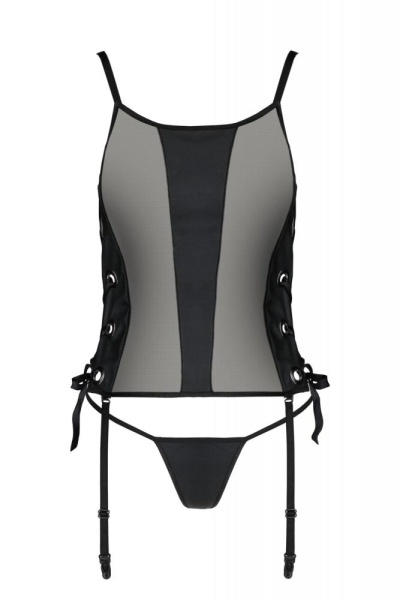 Сетчатый корсет из экокожи Passion Malwia Corset 6XL/7XL black, с люверсами и съемными пажами