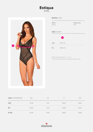 Кружевное боди с декольте Obsessive Estiqua teddy M/L, черное, широкие лямки || 