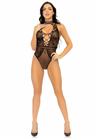 Leg Avenue Net and lace halter bodysuit OS Black || 