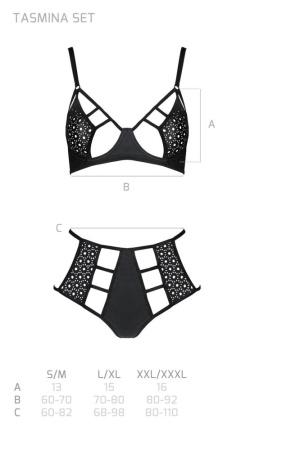 Комплект белья Passion TASMINA SET S/M black, лиф, высокие трусики с корсетом сзади || 