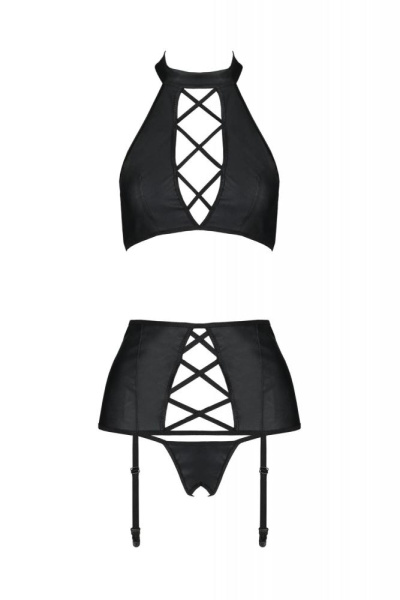 Комплект из экокожи Passion Nancy Set 4XL/5XL black, имитация шнуровки, топ, пояс для чулок