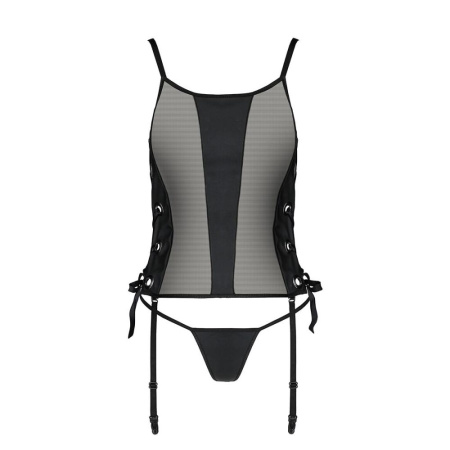 Сетчатый корсет из эко-кожи, с люверсами и съемными пажами Malwia Corset black S/M — Passion, стринг || 