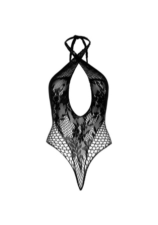 Кружевное тедди Leg Avenue Lace and net halter teddy One size Black, глубокий вырез, халтер || 