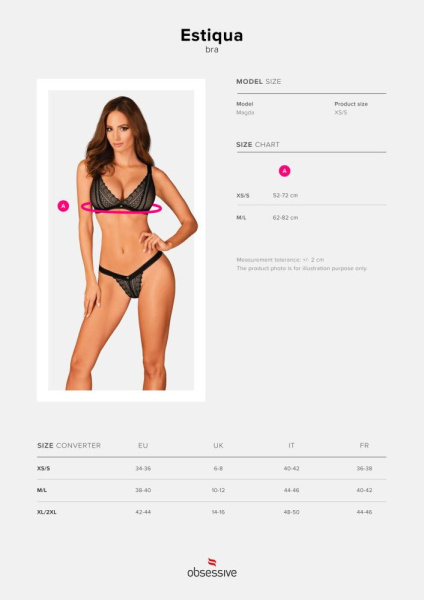Кружевной бюстгальтер с треугольной чашкой Obsessive Estiqua bra XS/S, черный, широкие лямки