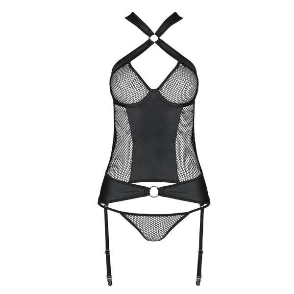 Сетчатый комплект корсет с халтером, съемные подвязки и трусики Amanda Corset black L/XL - Passion