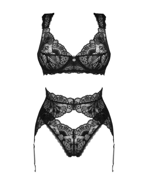 Комплект белья Obsessive Donna Dream 3-pcs set XS/S Black, бюстгальтер, стринги, пояс для чулок