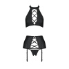 Комплект из эко-кожи с имитацией шнуровки Nancy Set black S/M - Passion топ, трусики и пояс для чуло || 