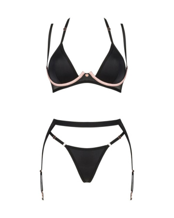 Комплект белья Obsessive Selinne 3-pcs set M/L Black, бюстгальтер, стринги пояс для чулок || 
