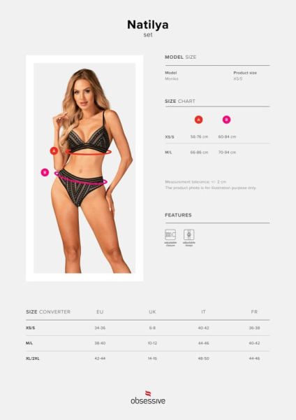 Комплект белья Obsessive Natilya 2-pcs set M/L, black, бюстгальтер, трусики
