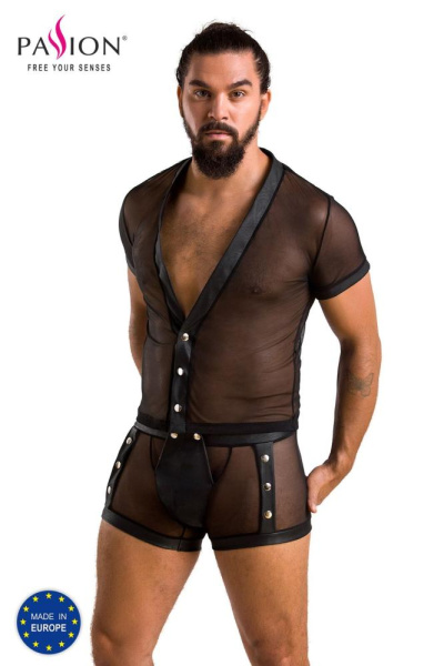 Комплект сетчатого мужского белья Passion 052 Set Michael S/M Black, рубашка, боксеры, заклепки