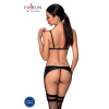 Комплект из эко-кожи Passion Miley Set black L/XL: трусики, бюстгальтер, пояс для чулок || 