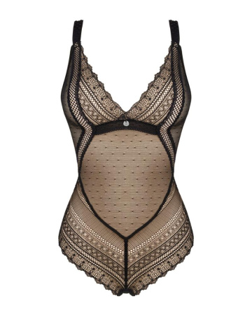 Кружевное боди с декольте Obsessive Estiqua teddy M/L, черное, широкие лямки || 