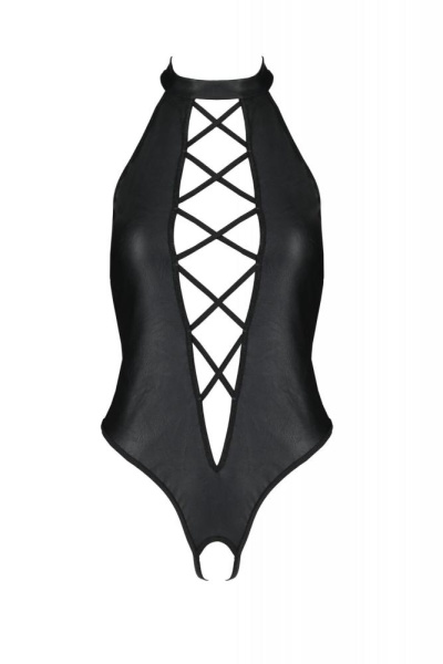 Боди из экокожи Passion Nancy Body 4XL/5XL black, с имитацией шнуровки и открытым доступом