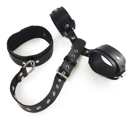 Фиксаторы для шеи и рук Art of Sex - Bondage Set из натуральной кожи, цвет черный || 