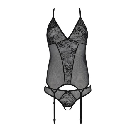 Корсет с пажами, трусики с ажурным декором и открытым шагом Ursula Corset black XXL/XXXL — Passion || 