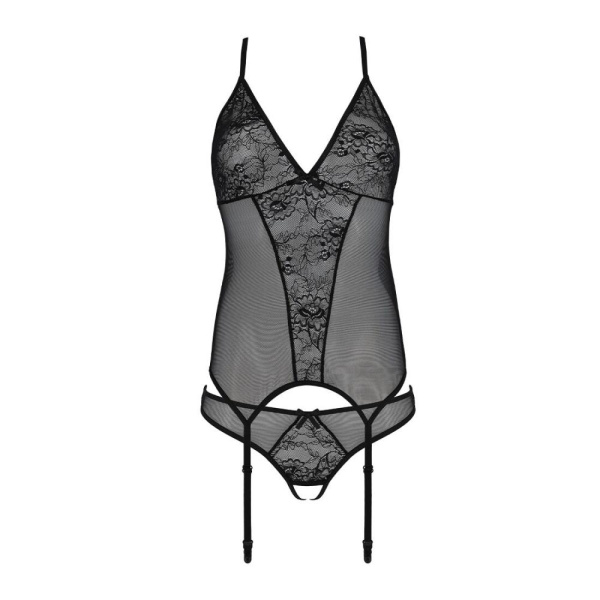 Корсет с пажами, трусики с ажурным декором и открытым шагом Ursula Corset black XXL/XXXL — Passion