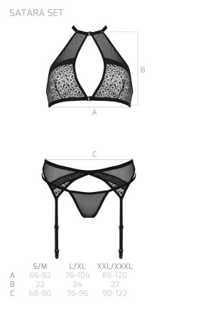 Комплект белья Passion SATARA SET L/XL black, топ, пояс для чулок, стринги || 