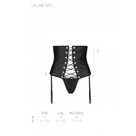 Пояс-корсет из экокожи CELINE SET black XXL/XXXL — Passion шнуровка, съемные пажи для чулок, стринги || 