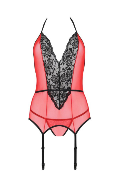 Корсет с пажами для чулок Passion PEONIA CORSET S/M red, стринги