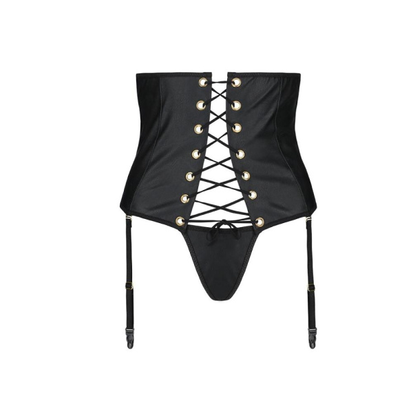 Пояс-корсет из экокожи Celine Set black L/XL — Passion: шнуровка, съемные пажи для чулок, стринги
