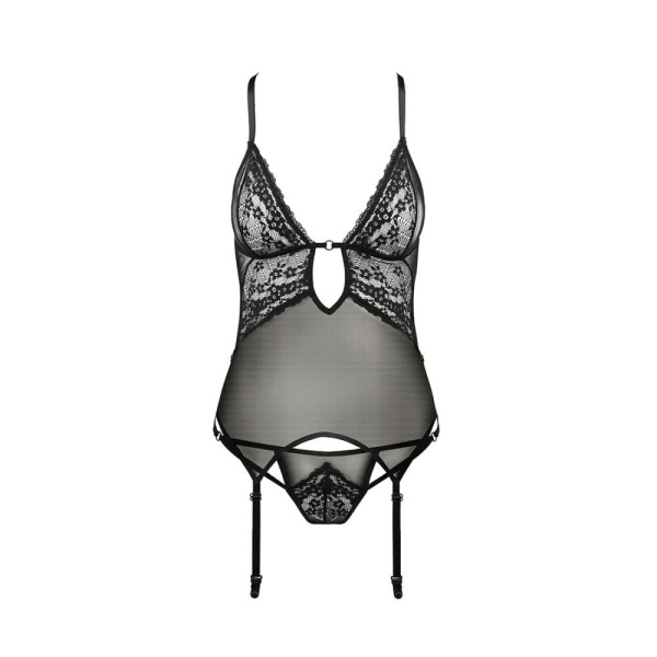 Корсет с декольте ERZA CORSET black L/XL - Passion, пажи, трусики, полупрозрачный