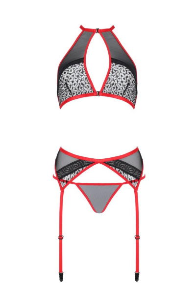 Комплект белья Passion SATARA SET S/M red, топ, пояс для чулок, стринги