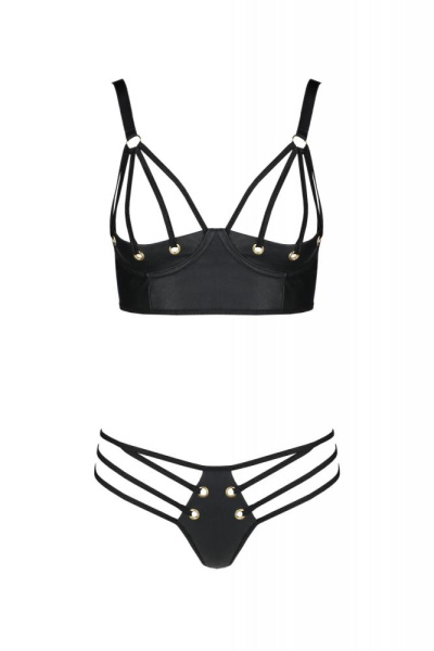 Комплект из экокожи Passion Malwia Bikini 6XL/7XL black, с люверсами и ремешками, бра, трусики