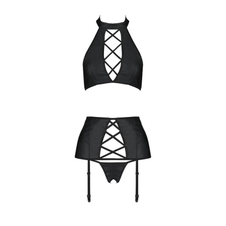 Комплект из эко-кожи с имитацией шнуровки Nancy Set black L/XL - Passion топ, трусики и пояс для чул || 