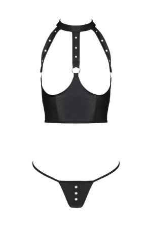Комплект белья с открытой грудью Passion GENEVIA SET WITH OPEN BRA XXL/XXXL black, корсет, стринги || 