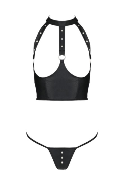 Комплект белья с открытой грудью Passion GENEVIA SET WITH OPEN BRA XXL/XXXL black, корсет, стринги
