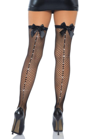 Чулки-сетка со швом сзади Leg Avenue Bow back seam thigh highs One size Black, атласный бант || 