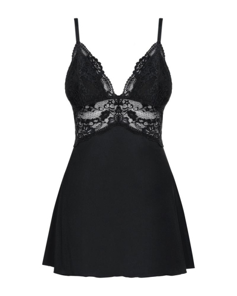Сатиновый пеньюар с кружевом Obsessive 810-BAB-1 babydoll & thong L/XL, черный, пеньюар, танга
