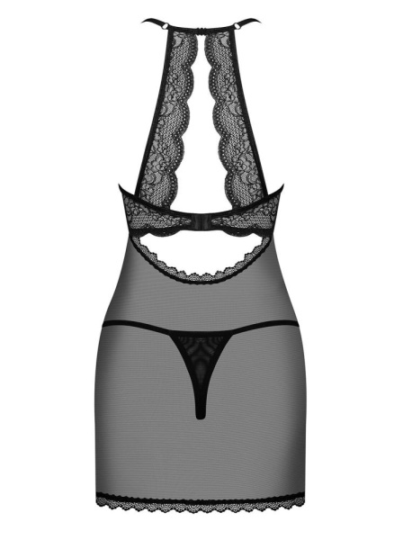 Прозрачная сорочка с открытой грудью Obsessive Pearlove chemise & thong black S/M, трусики