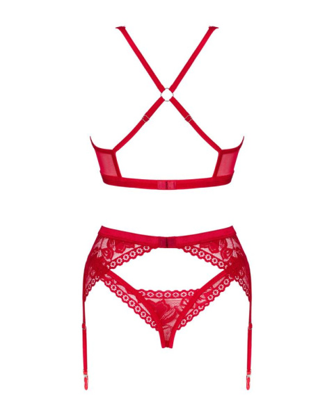 Комплект белья Obsessive Lacelove cupless 3-pcs set XL/2XL Red, бюстгальтер, стринги, пояс для чулок