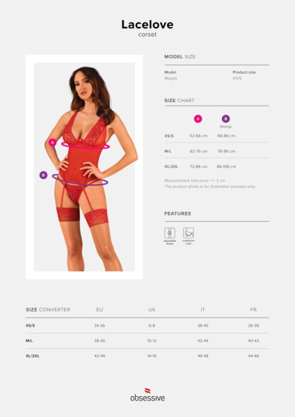 Прозрачный корсет Obsessive Lacelove corset M/L Red, кружево, подвязки для чулок