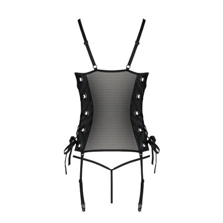 Сетчатый корсет из эко-кожи, с люверсами и съемными пажами Malwia Corset black S/M — Passion, стринг || 