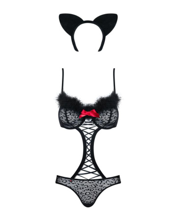 Эротический костюм гепарда Obsessive Gepardina 3 pcs costume S/M, черный, меховая отделка, монокини, || 