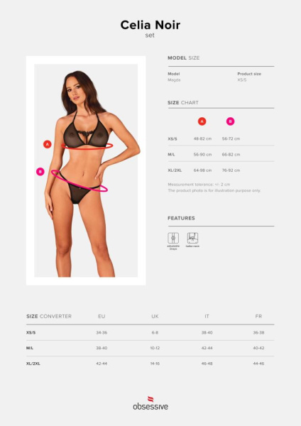 Полупрозрачный комплект Obsessive Celia Noir 2-pcs set XS/S, бюстгальтер, стринги
