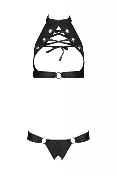 Комплект из экокожи Passion Malwia Set with Open Bra 6XL/7XL black, топ и трусики с люверсами
