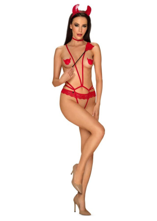 Эротический костюм чертика из стреп Obsessive Evilia teddy red S/M, боди, чокер, накладки на соски, || 