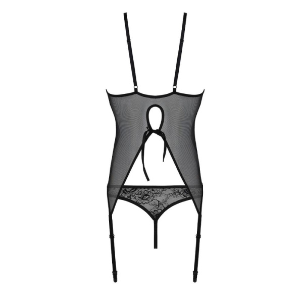 Корсет с пажами, трусики с ажурным декором и открытым шагом Ursula Corset black S/M — Passion