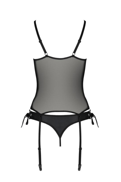 Корсет со шнуровкой Passion NESSY CORSET L/XL black, стринги с открытым доступом, пажи для чулок
