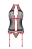 Корсет с пажами PassionSATARA CORSET L/XL red, стринги, кружево, застежки спереди и сзади || 