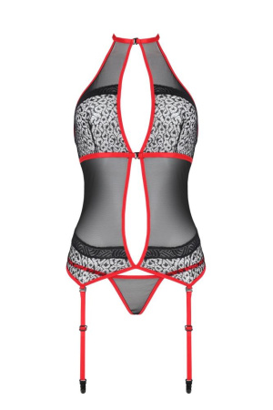 Корсет с пажами PassionSATARA CORSET L/XL red, стринги, кружево, застежки спереди и сзади || 