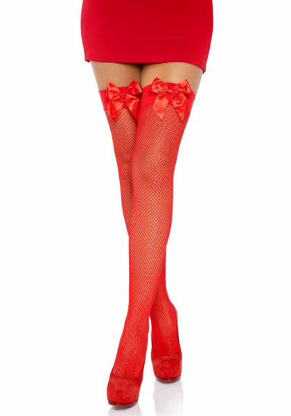 Чулки-сетка с атласным бантиком Leg Avenue Fishnet Thigh Highs With Bow Red, one size